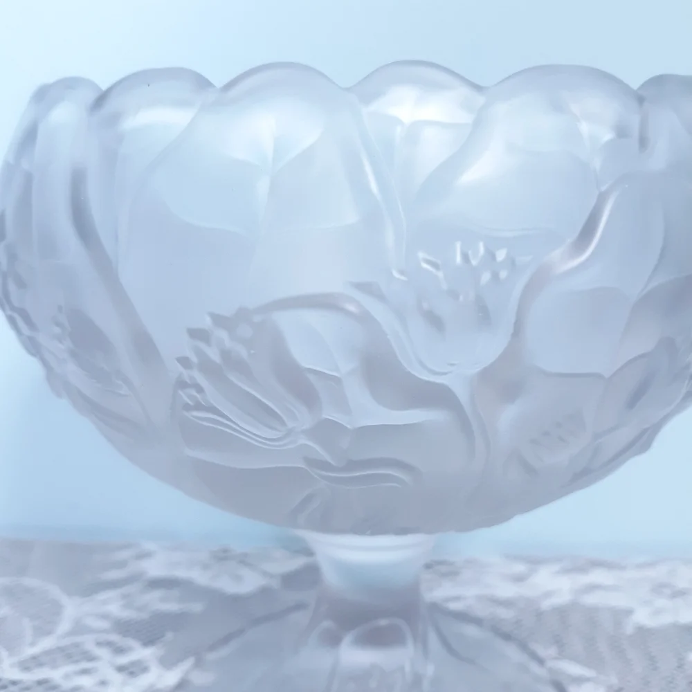 Fenton Satin Glass Water Lily Pedestal Compote Floral Candy Chalice Cup Bowl